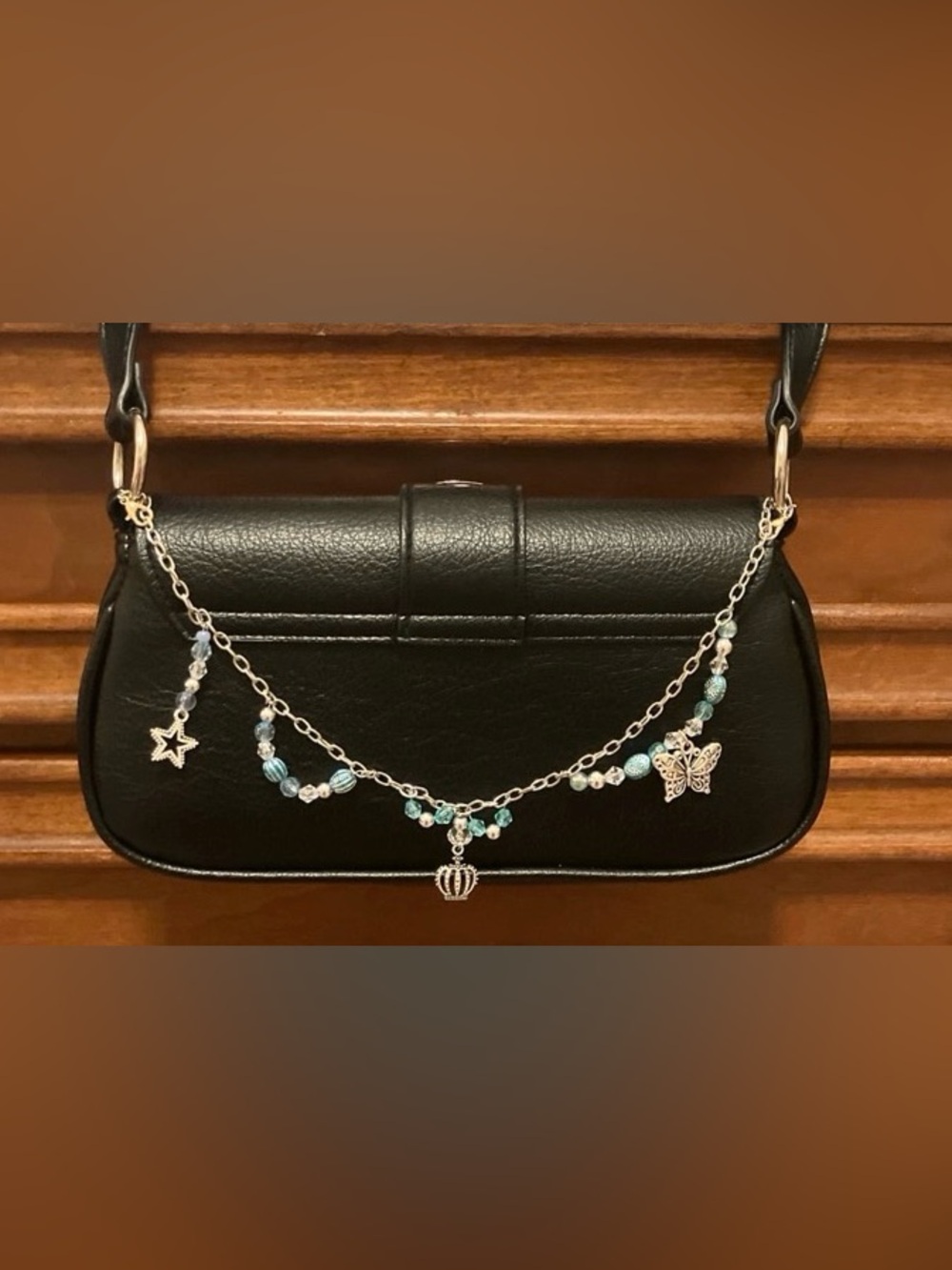 Silver-Tone Blue Beaded bag charm with Star, Butterfly & Crown Charms